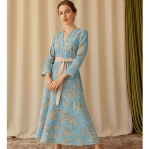 Guadalupe Design Monica Floral Long Sleeve Cotton Maxi Tunic Dress Blue